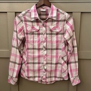 Columbia Camp Henry Long Sleeve Shirt Purple Lotus Plaid 100% Cotton Size Small